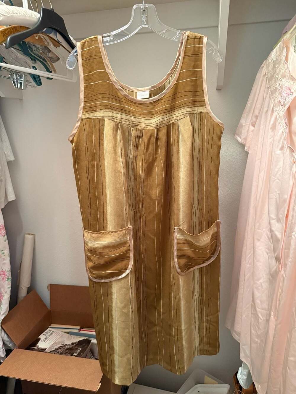 Vintage Striped House Dress Size 52 Brown Polyester